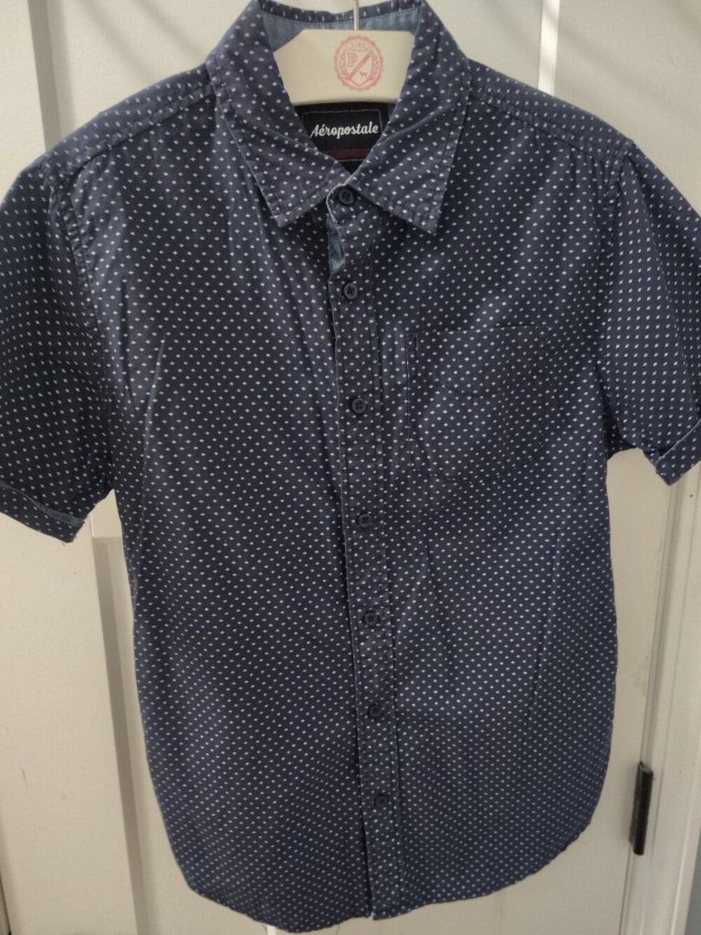 Aeropostale Mens Button Up Dress Shirt, Mens Small, Blue And White Polka Dot